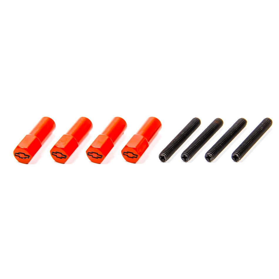 Proform Valve Cover Mini Nuts - 1/4-20 in Thread - 1-1/2 in Long - Chevy Bowtie Logo - Orange Paint - Set of 4