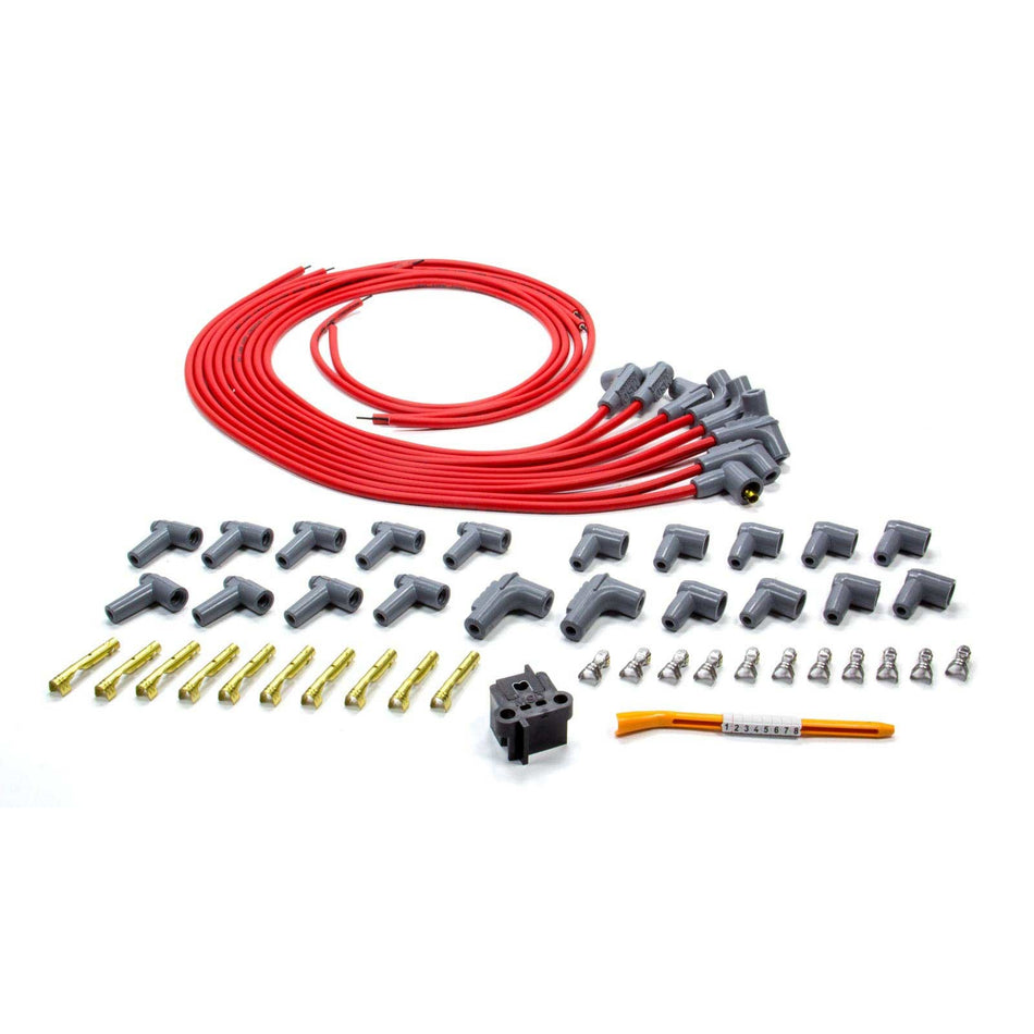MSD 2-In-1 Univeral Super Conductor Spark Plug Wire Set - (Red) - Fits 8 Cylinder Engine - Includes Terminals for Socket or HEI Style Cap, 90 Spark Plug Boots & Terminals, 90 Distributor Boots & Terminals