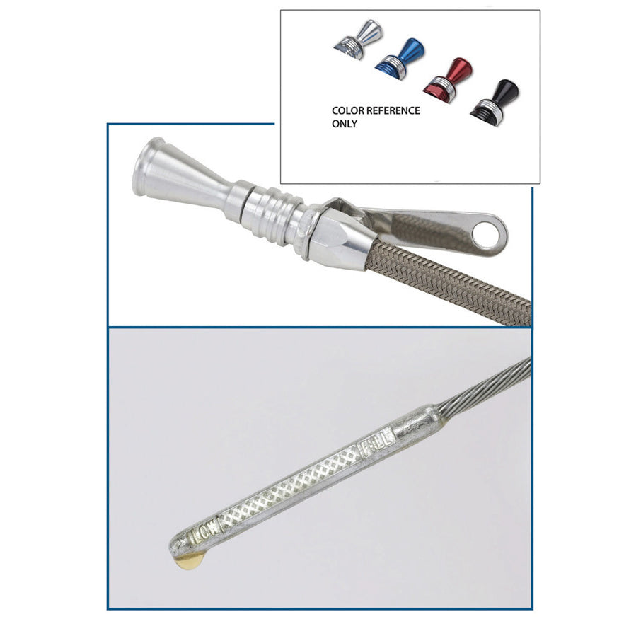Lokar Anchor-Tight Locking Engine Oil Dipstick - Block Mount - Braided Stainless - Clear Anodized - Small Block Chevy 1220004