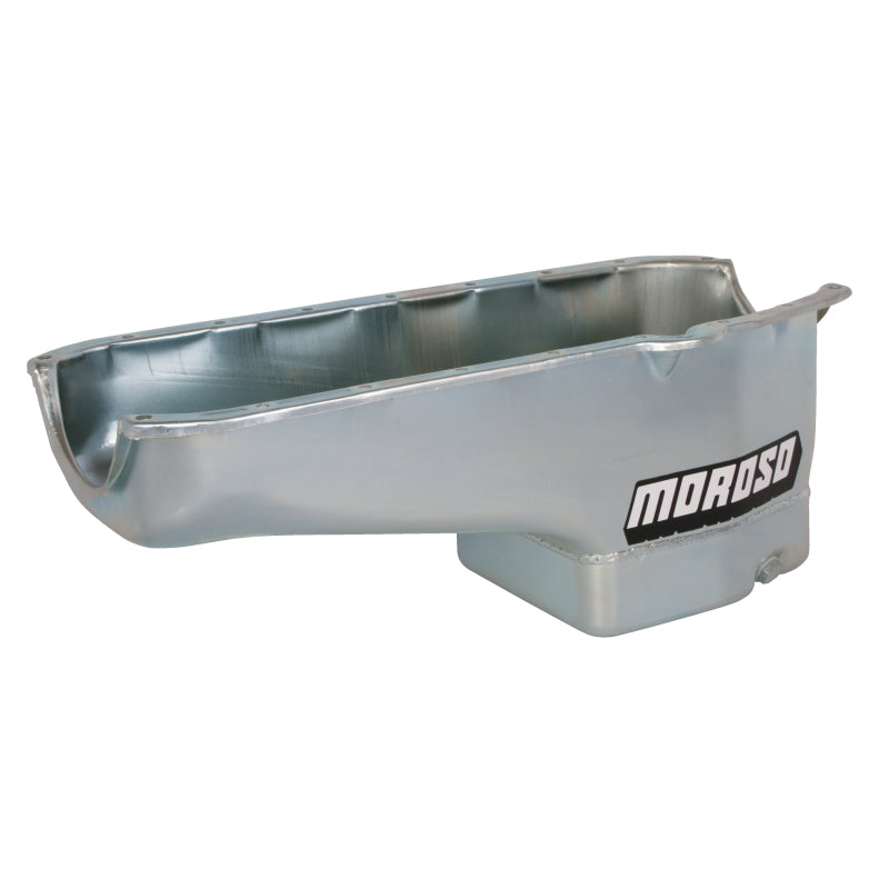 Moroso Street / Strip Rear Sump Oil Pan - 6 Quart - 8.25 in Deep - Zinc Oxide - 2 Piece Seal - Small Block Chevy