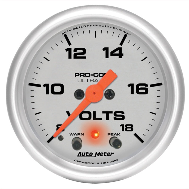 Auto Meter 2-1/16" Ultra-Lite Electric Volt Gauge w/ Peak Memory & Warning - 8-18 Volts