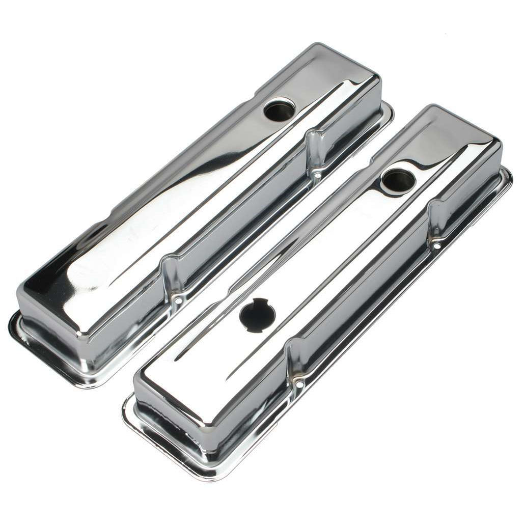 Trans-Dapt Valve Cover - Stock Height - Baffled - Breather Holes - Chrome - Small Block Chevy - Pair