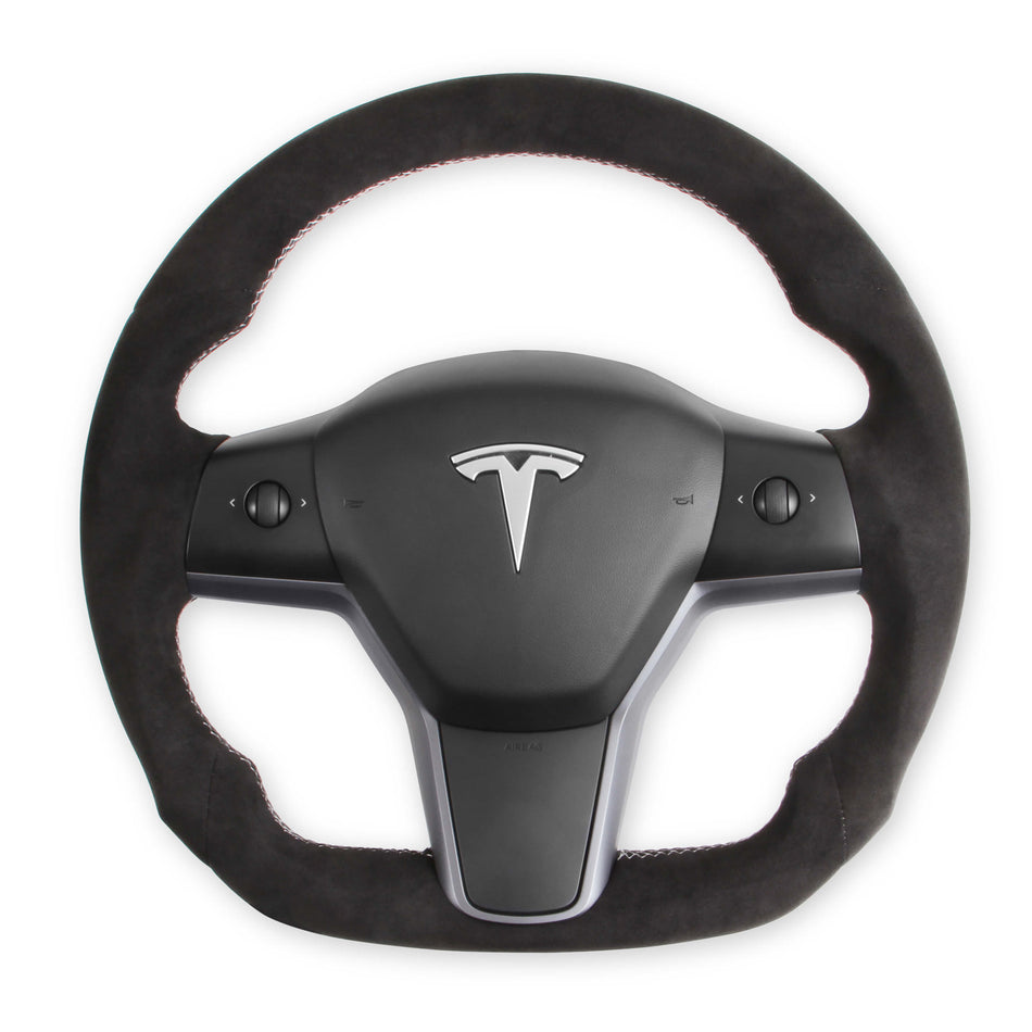 Rekudo 14 in Diameter Steering Wheel - D-Shaped - 3-Spoke - Alcantara - Black - Tesla 3/Y 2017-21