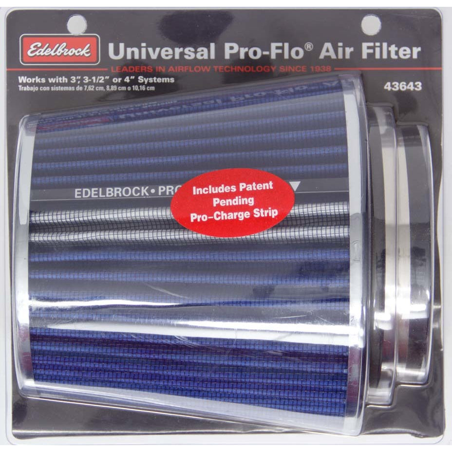 Edelbrock Pro-Flo Air Filter Element Conical 6" Base - 4-3/4" Top Diameter - 6-3/4" Tall - Chrome/Blue