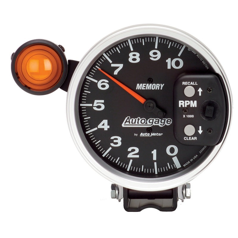 Auto Meter Auto Gage 10000 RPM Tachometer - Electric - Analog - 5 in Diameter - Pedestal Mount - Shift Light - Memory - Black Face
