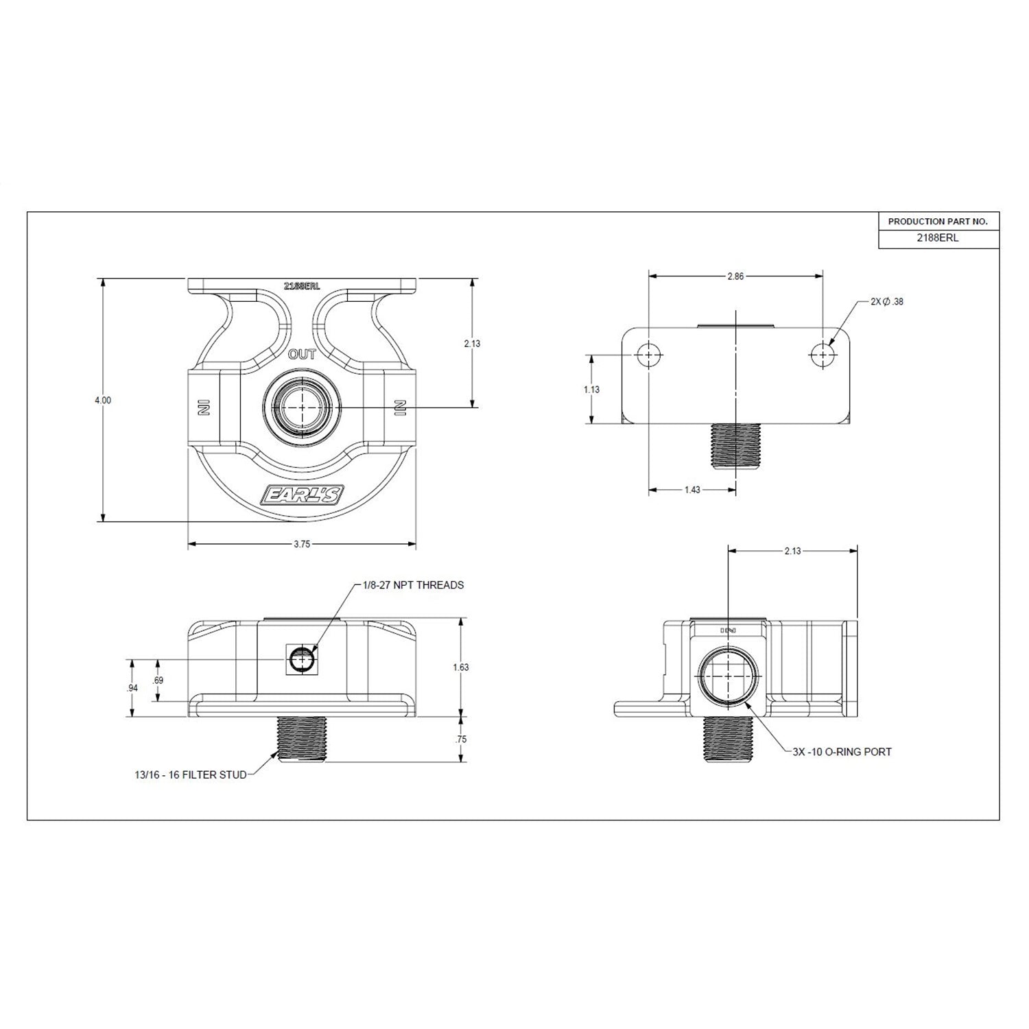 Earl's Remote Oil Filter Mount - 10 AN Female Ports - 1/8" NPT Port - 13/16-16" Filter Thread - Aluminum - Black