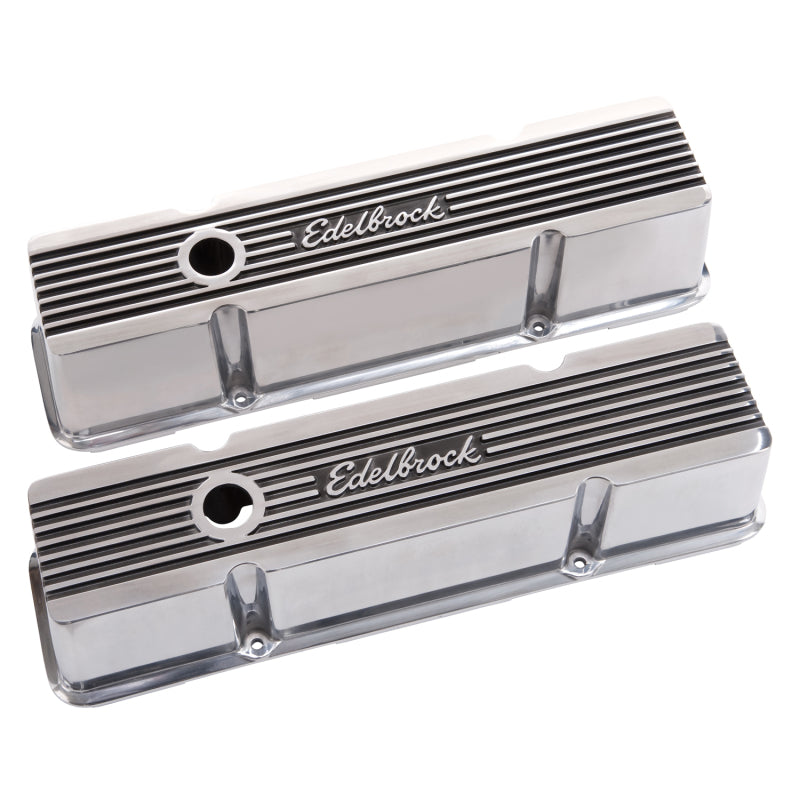 Edelbrock Elite II Tall Valve Cover - Baffled - Breather Hole - Edelbrock Logo - Polished - Small Block Chevy - Pair