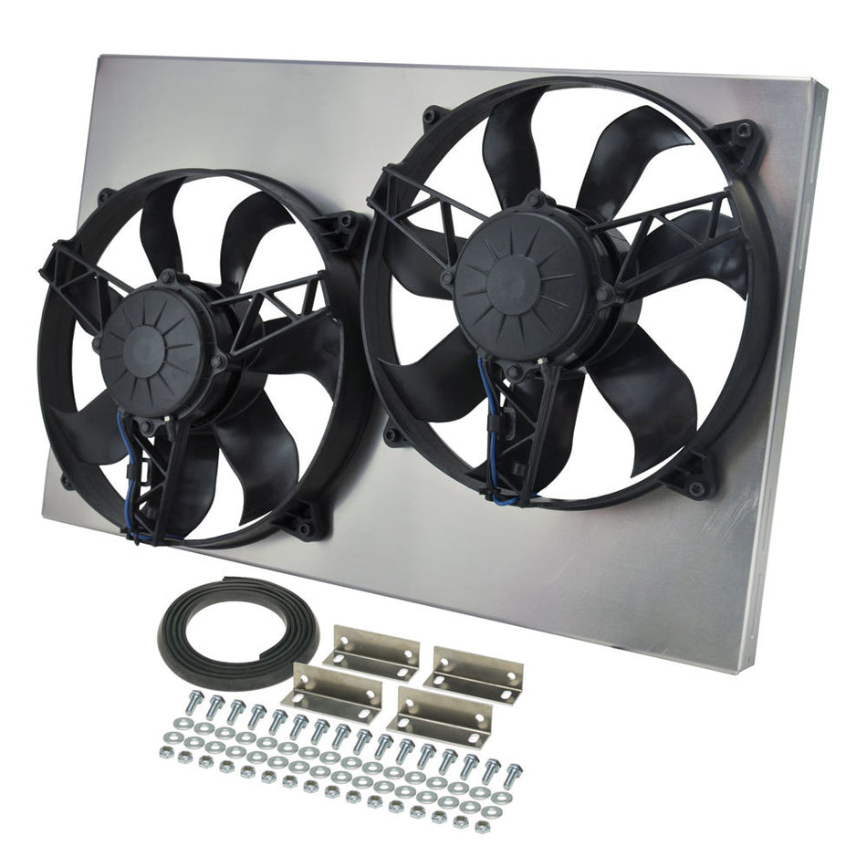 Derale HO RAD Dual 11 in Electric Fan - Puller - 3750 CFM - 12V - Curved Blade - 24 x 15-1/2 in - 4-1/2 in Thick - Aluminum Shroud