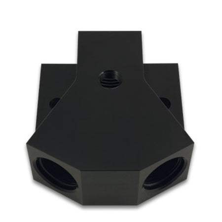 Vibrant Performance Y Block - 8 AN Female Inlet - Dual 8 AN Female Outlets - 1/8 in NPT Female Port - Black