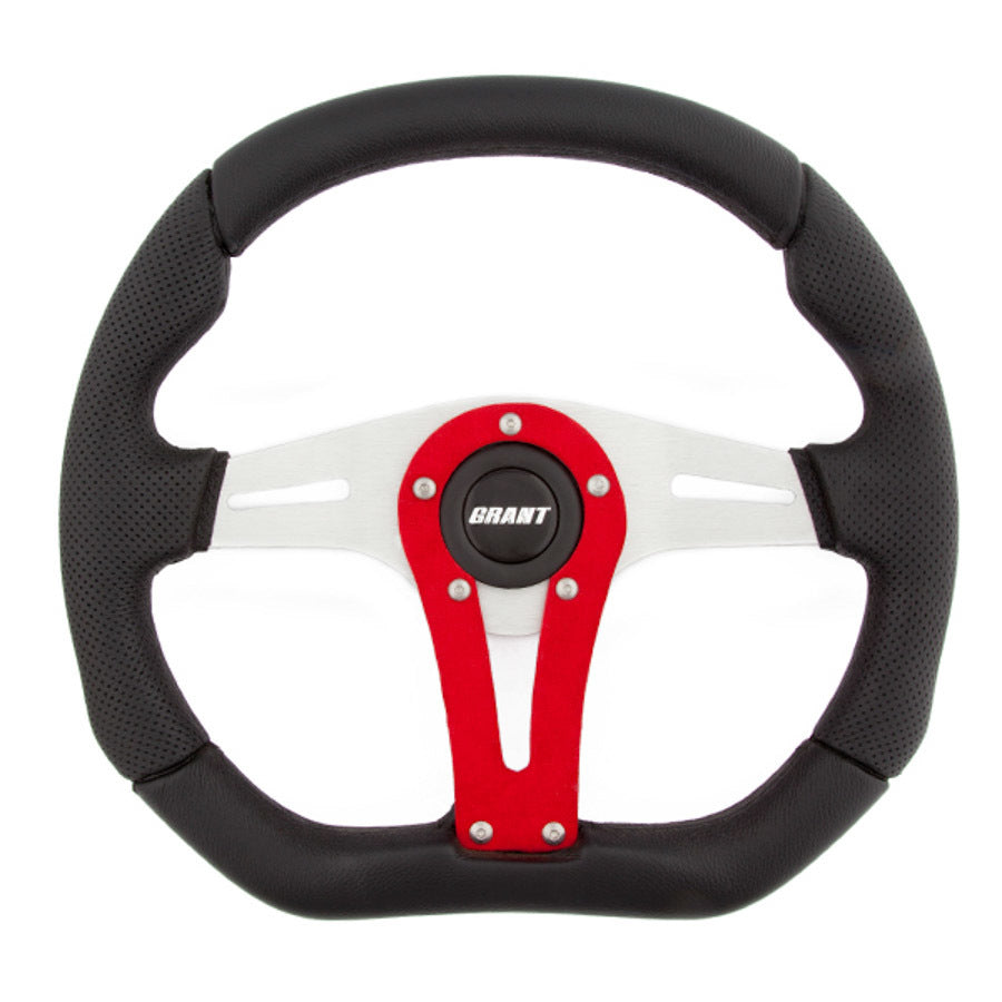 Grant Steering Wheels D-Series Steering Wheel 13-3/4 x 11-3/4" Diameter D-Shaped 3-Spoke - Black Suede Grip - Red Anodize