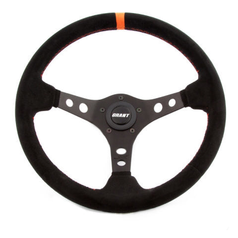 Grant Suede Series Steering Wheel - 13.75 in Diameter - 3.5 in Dish - 3-Spoke - Black Suede Grip - Orange Stripe - Black Anodized