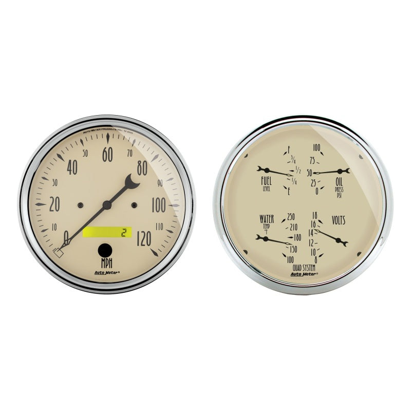 Auto Meter Antique Beige Street Rod Kit - Includes 120 MPH Electric 5 in. Speedometer / 5 in. Quad 100 PSI Oil Press. / 100-250 Degree Water Temp. / 8-18V