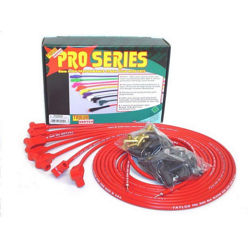 Taylor 8mm Pro Wires Universal Spark Plug Wire Set - Red - TCW Wire Conductor - 90° Plug Boots