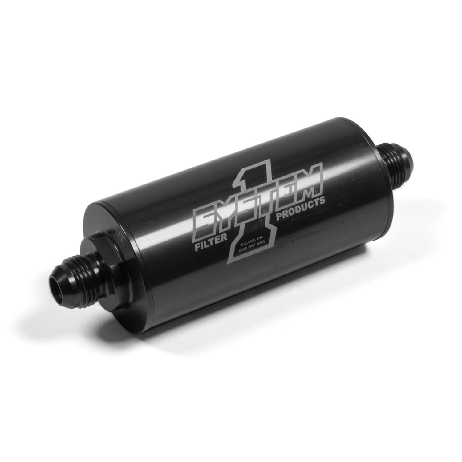 System 1 Medium Billet in-Line Fuel Filter - 75 Micron Stainless Screen - 8 AN Male Inlet - 8 AN Male Outlet - Black