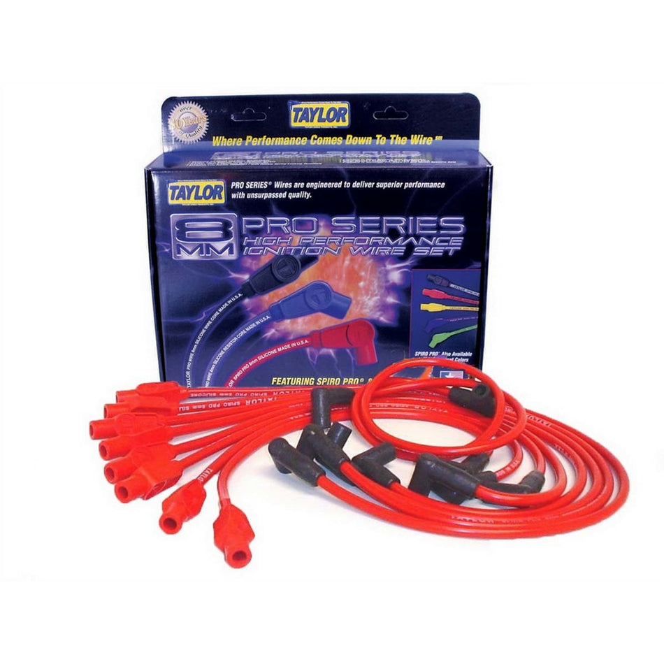 Taylor Spiro-Pro Spiral Core 8 mm Spark Plug Wire Set - Red - Straight Plug Boots - HEI Style Terminal - Small Block Mopar