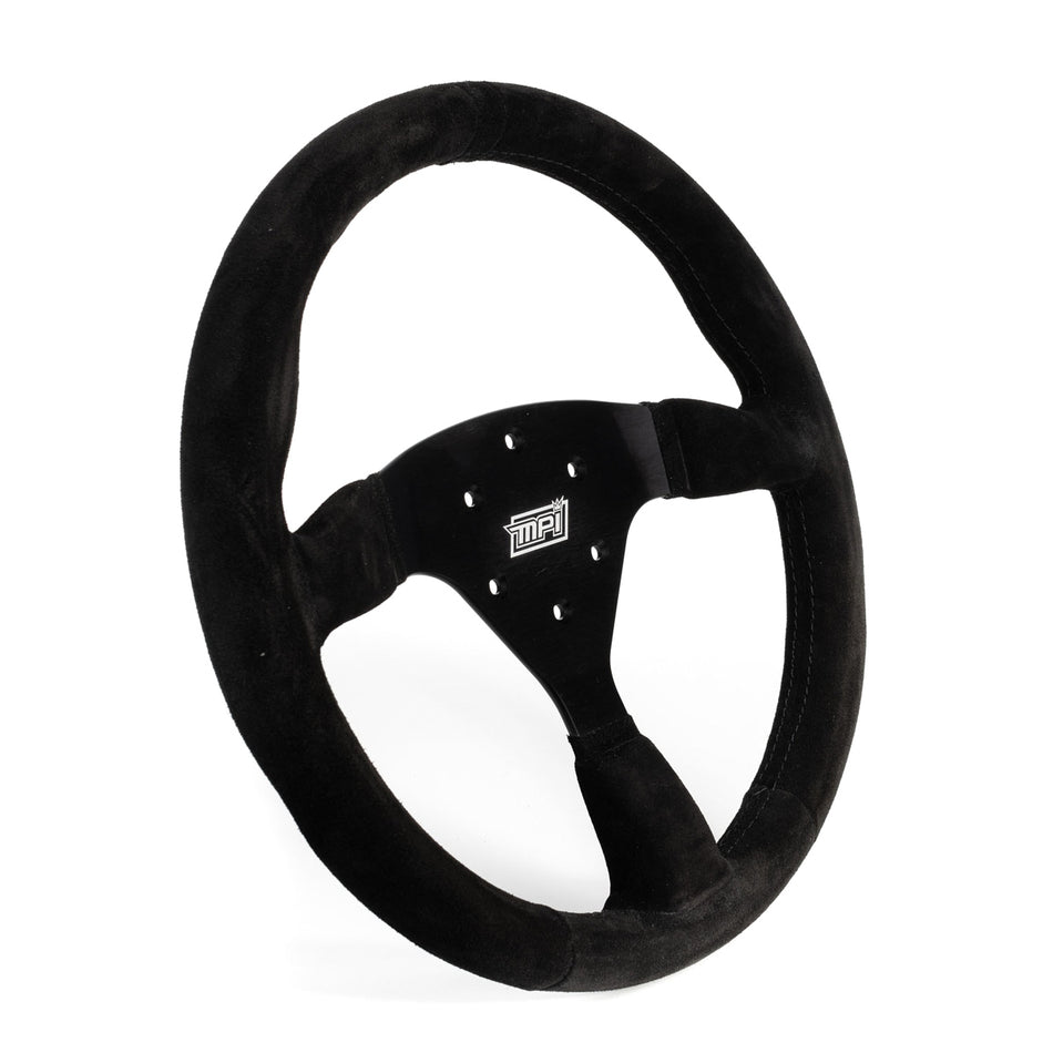 MPI Track Day Steering Wheel - 14 in Diameter - 1.25 in Dish - 3-Spoke - Black Suede Grip - Black Anodized