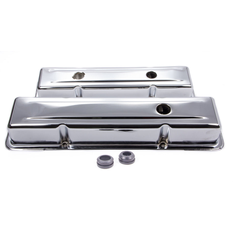 Racing Power Short Valve Cover - 2.625 in Height - Baffled - Breather Holes - Grommets Included - Chrome - Small Block Chevy - Pair