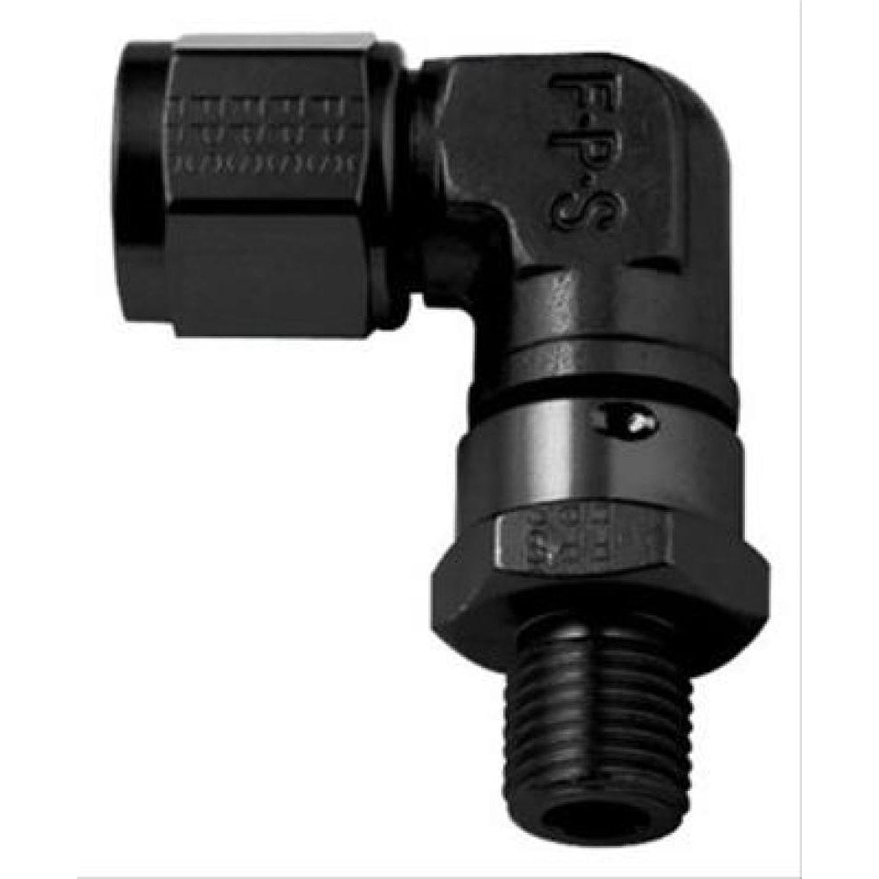 Fragola Adapter Fitting - 90 Degree - 8 AN Female to 3/4-16 Male - Swivel - Aluminum - Black