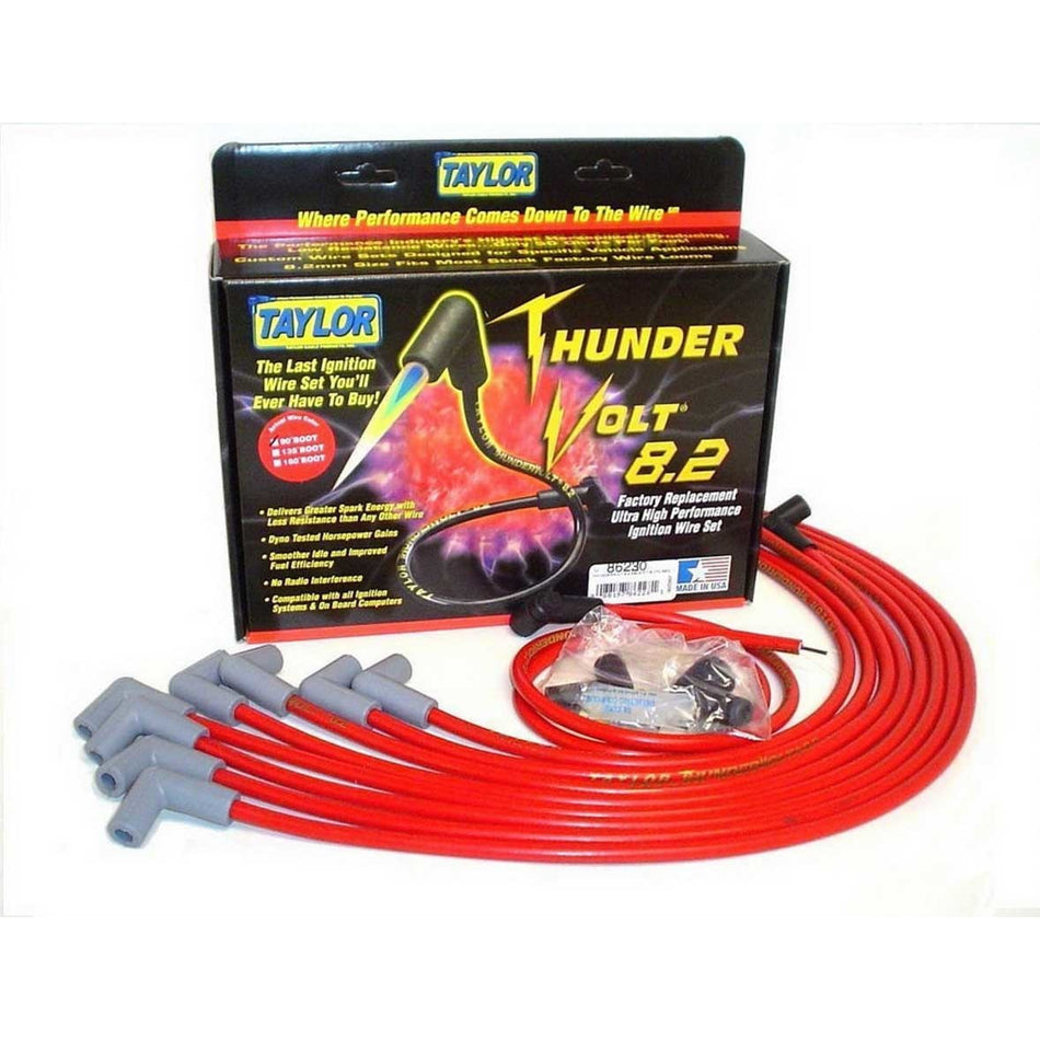 Taylor ThunderVolt Spark Plug Wire Set - Spiral Core - 8.2 mm - Red - 90 Degree Plug Boots - HEI Style Terminal - Under Header - Small Block Chevy