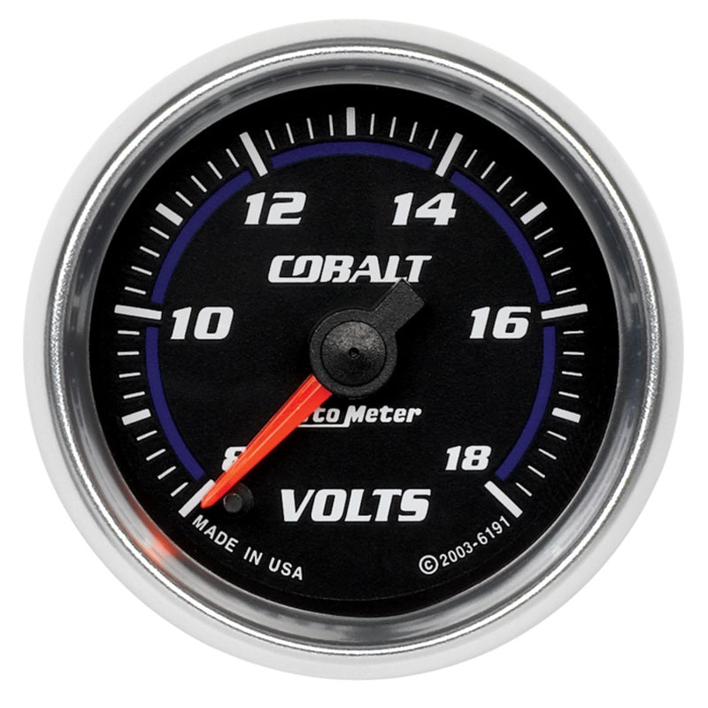 Auto Meter Cobalt 8-18V Voltmeter - Electric - Analog - Full Sweep - 2-1/16 in Diameter - Black Face