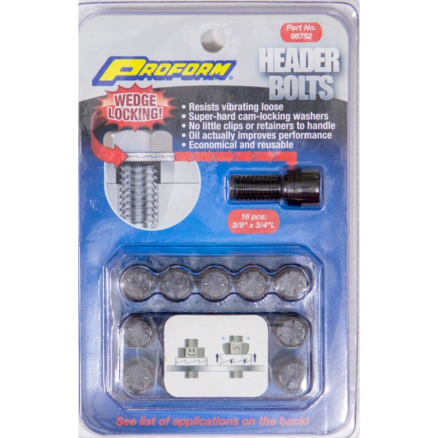 Proform Wedge Lock Header Bolt - 3/8-16 in Thread - 0.75 in Long - Hex Head - Black Oxide - Set of 16