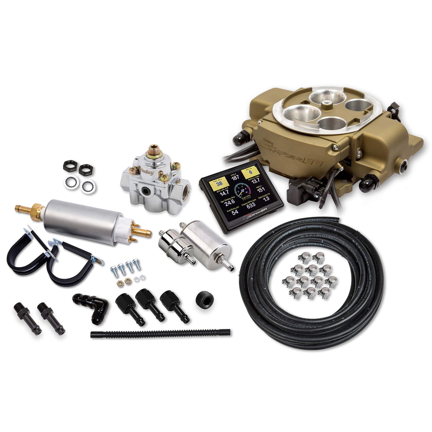 Sniper EFI Fuel Injection System - Master - Throttle Body - Quadrajet Flange - Fuel Pressure Regulator Required - Gold