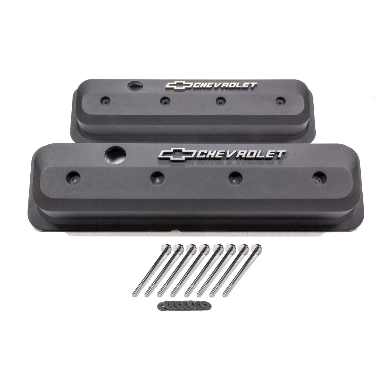 Proform Performance Parts Slant-Edge Valve Covers Tall Baffled Breather Hole - Raised Polished Chevrolet Logo - Black Crinkle