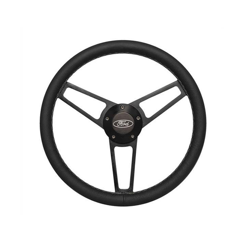 Grant Billet Series Steering Wheel -14-3/4" Diameter - 3 Spoke - Black Leather Grip - Ford Oval Logo - Billet Aluminum - Black Anodized - Ford Passenger Cars