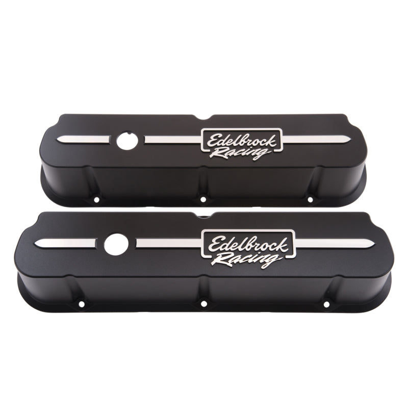 Edelbrock Racing Series Tall Valve Cover - Breather Hole - Edelbrock Logo - Black Powder Coat - Small Block Ford - Pair