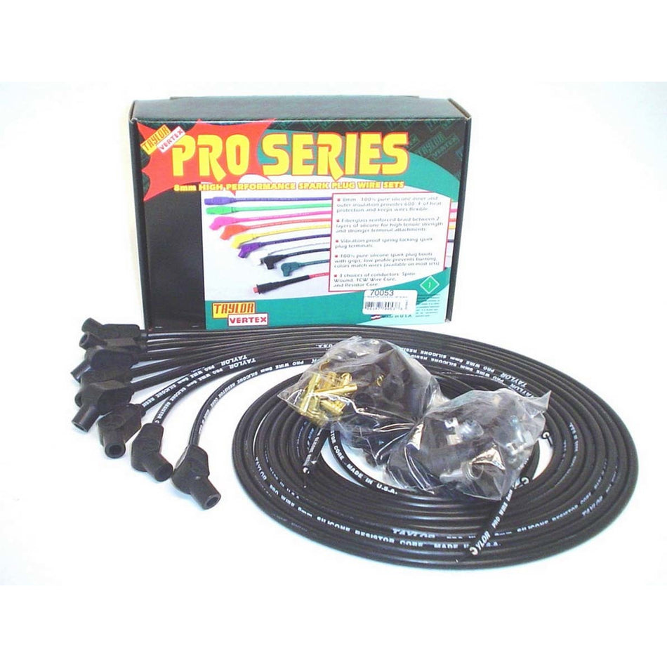 Taylor 8mm Pro Wires Universal Spark Plug Wire Set - Black - Resistor Core Conductor - 135° Plug Boots - 8 Cylinder Applications