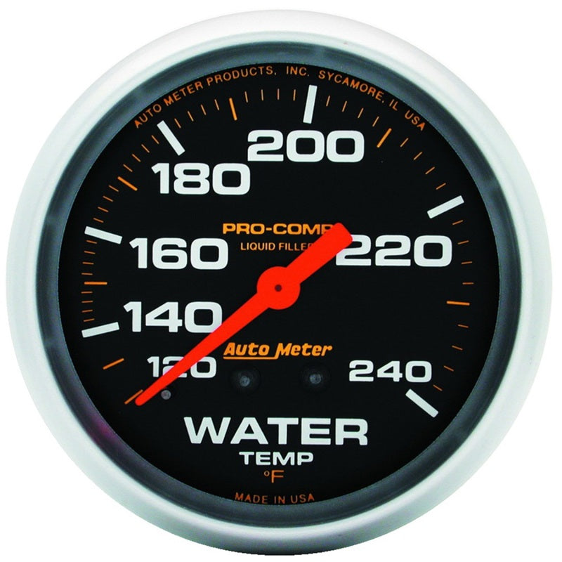 Auto Meter Pro-Comp 120-240 Degree F Water Temperature Gauge - Mechanical - Analog - Full Sweep - 2-5/8 in Diameter - Liquid Filled - Black Face 5432