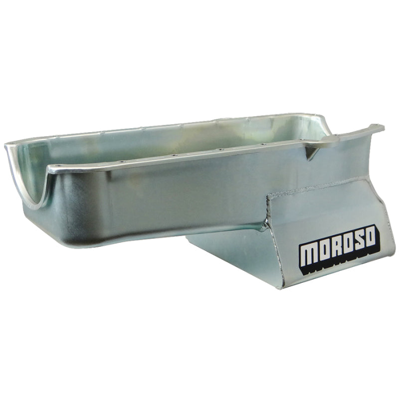 Moroso Street / Strip Rear Sump Oil Pan - 7 Quart - 8.25 in Deep - Zinc Oxide - 2 Piece Seal - Small Block Chevy