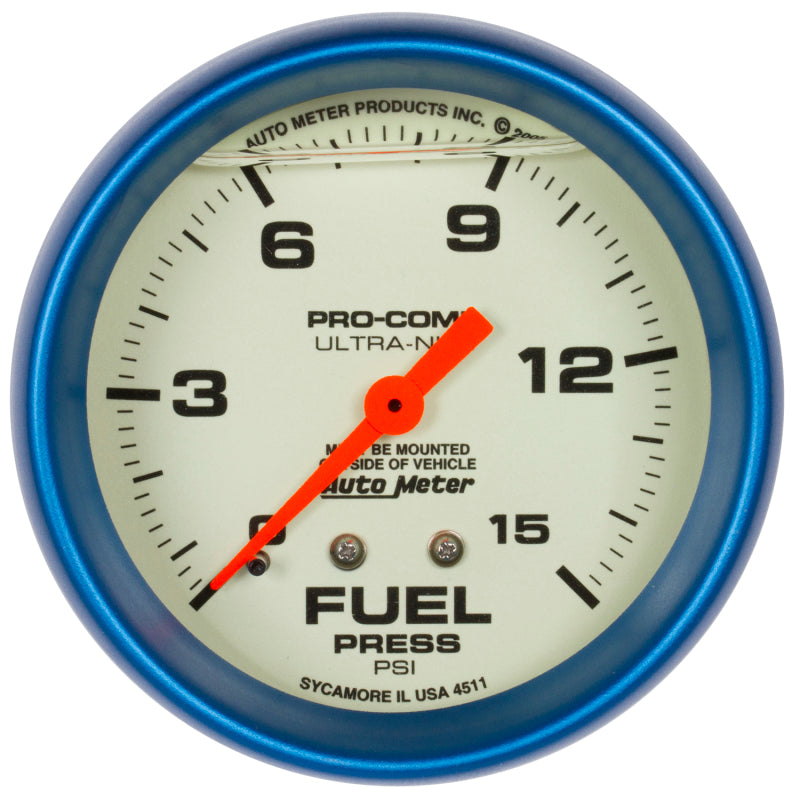 Auto Meter 2-5/8" Ultra-Nite F/P Gauge - 0-15 PSI