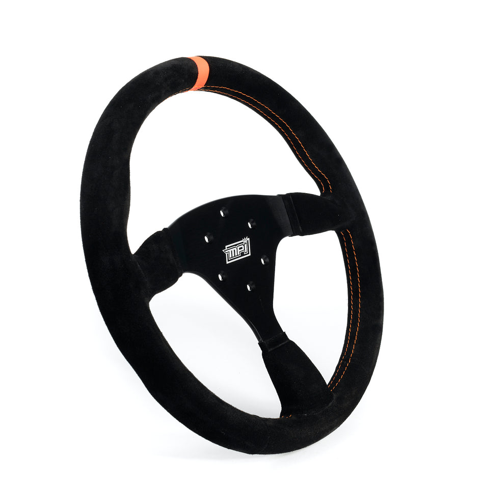 MPI Track Day Steering Wheel - 14 in Diameter - 1.25 in Dish - 3-Spoke - Black Suede Grip - Orange Stripe - Black Anodized