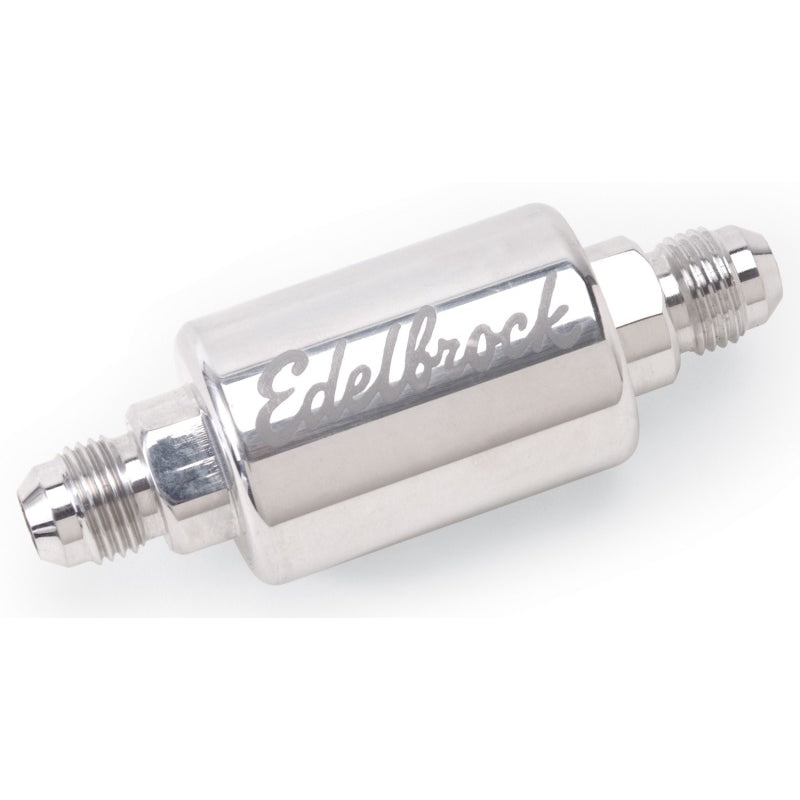 Edelbrock High Flow In-Line Fuel Filter - 40 Micron - Stainless Element - 6 AN Male Inlet - 6 AN Male Outlet - Polished