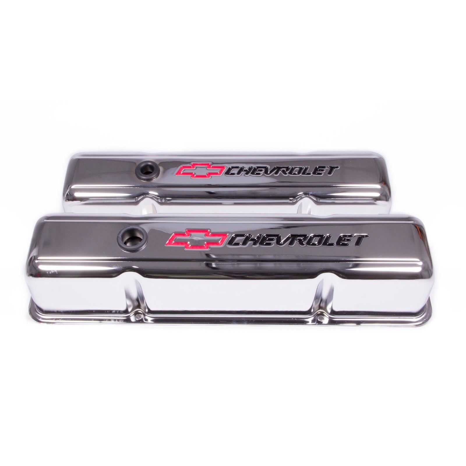 Proform Tall Valve Cover - Baffled - Breather Hole - Chevrolet Bowtie Logo - Chrome - Small Block Chevy 141-905 - Pair