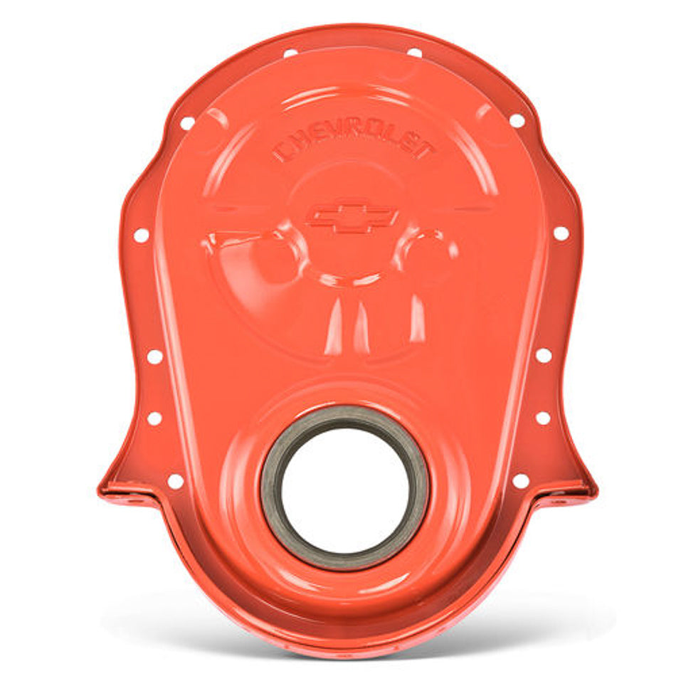 Proform Timing Cover - 1 Piece - Chevrolet/Bowtie Logo - Oil Seal Included - Steel - Orange Paint - Big Block Chevy