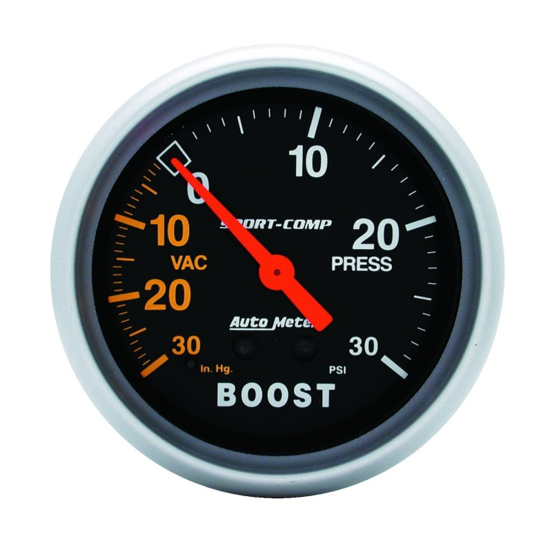 Auto Meter Sport-Comp 30 in HG-30 psi Boost / Vacuum Gauge - Mechanical - Analog - 2-5/8 in Diameter - Black Face