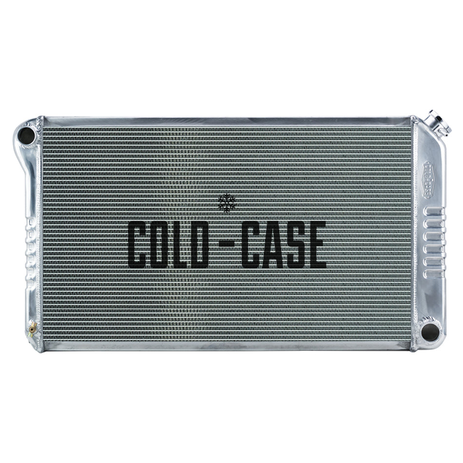 Cold-Case Aluminum Radiator - 34.75" W x 18.75" H x 3" D - Driver Side Inlet - Passenger Side Outlet - Polished - Manual - GM A-Body 1968-77
