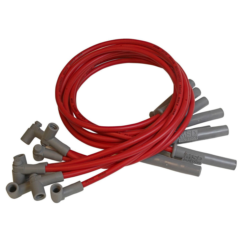 MSD Super Conductor Spiral Core 8.5 mm Spark Plug Wire Set - Red - Straight Plug Boots - HEI Style Terminal - Mopar B / RB-Series