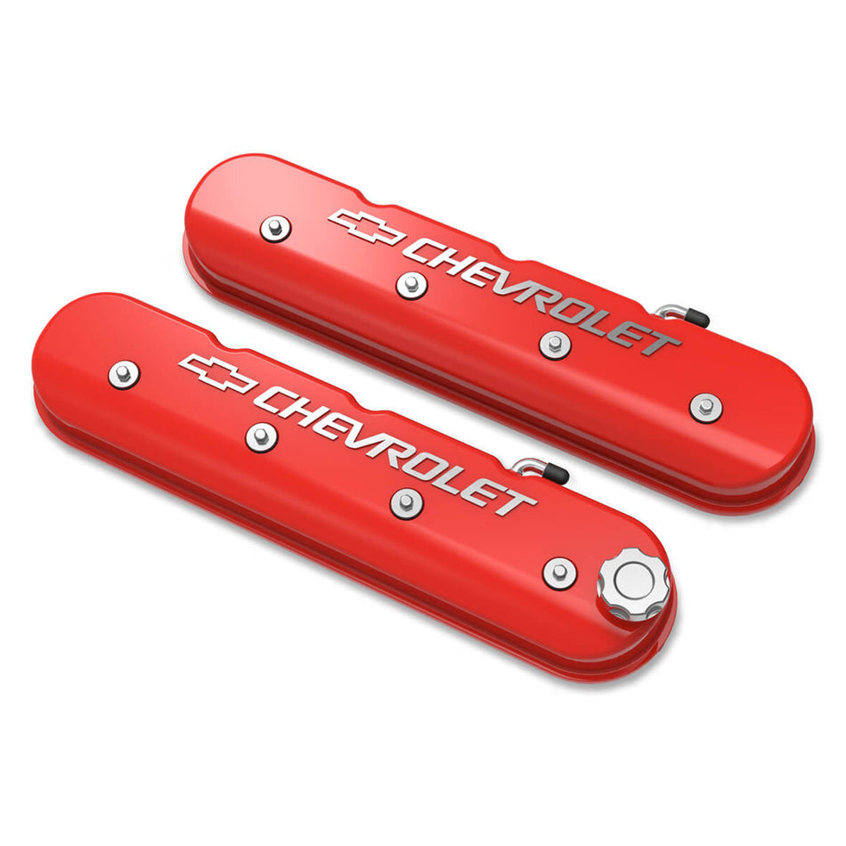 Holley Tall Valve Cover - Baffled - Chevrolet Logo - Red Machined - GM LS-Series - Pair
