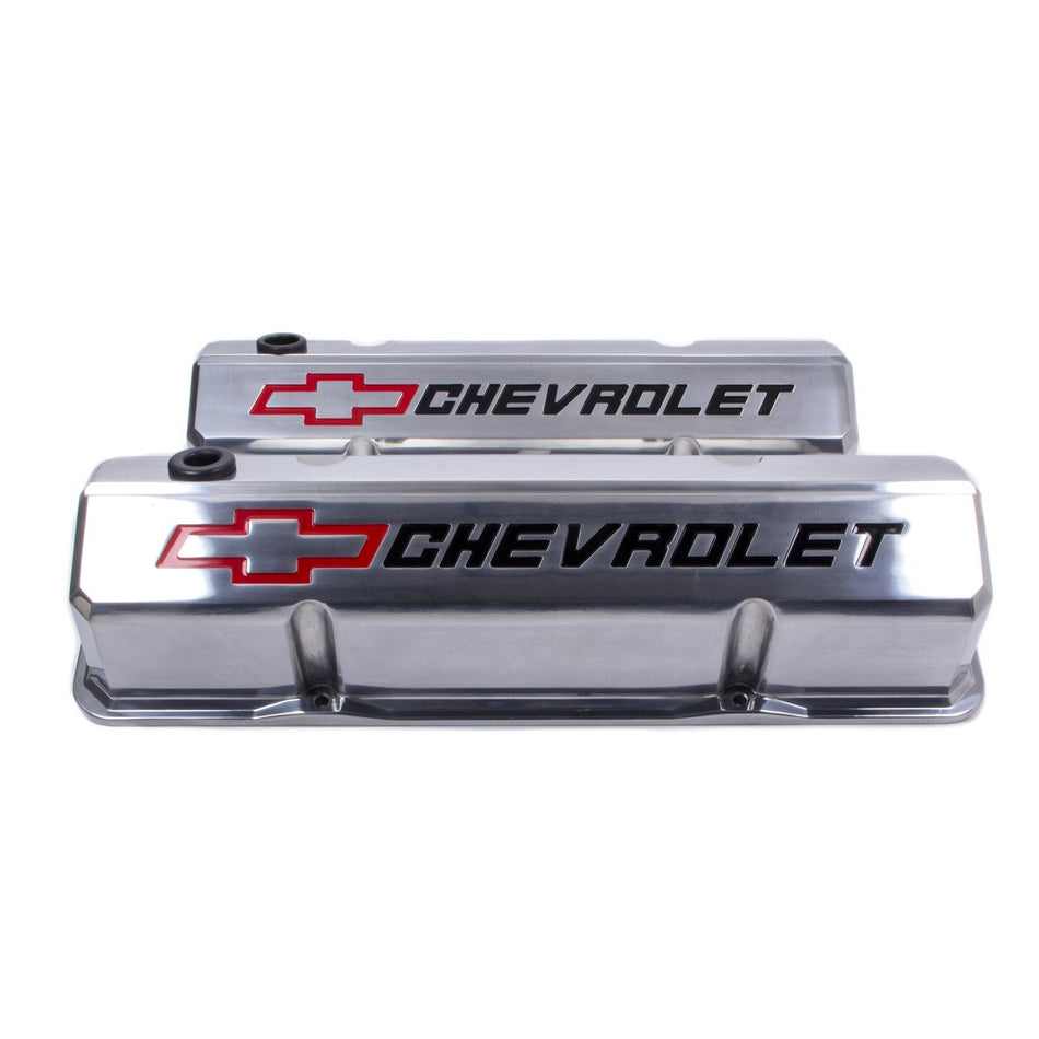 Proform Slant-Edge Tall Valve Cover - Baffled - Breather Hole - Recessed Chevrolet Bowtie Logo - Polished - Small Block Chevy - Pair