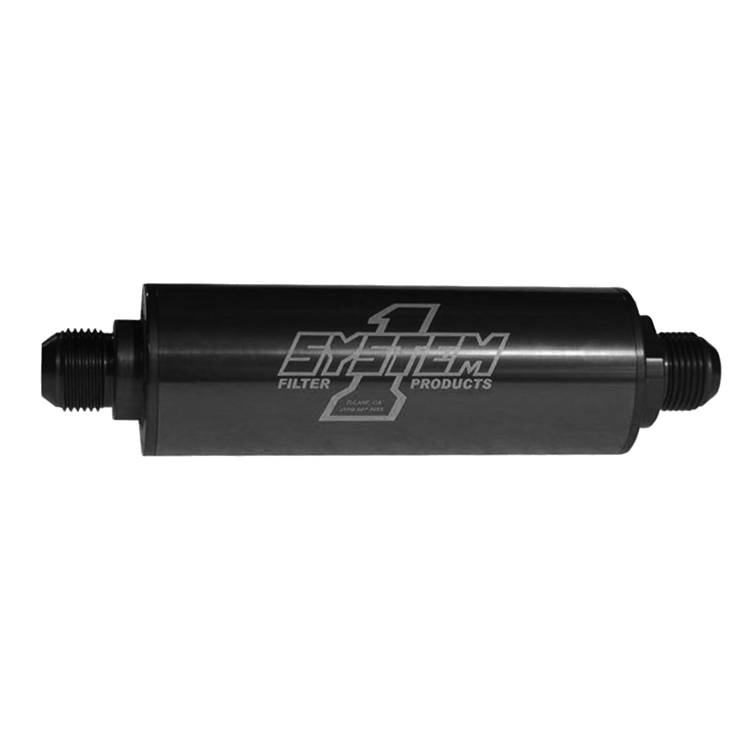 System 1 Long Billet In-Line Fuel Filter - 35 Micron - Stainless Element - 8 AN Male Inlet - 8 AN Male Outlet - Black