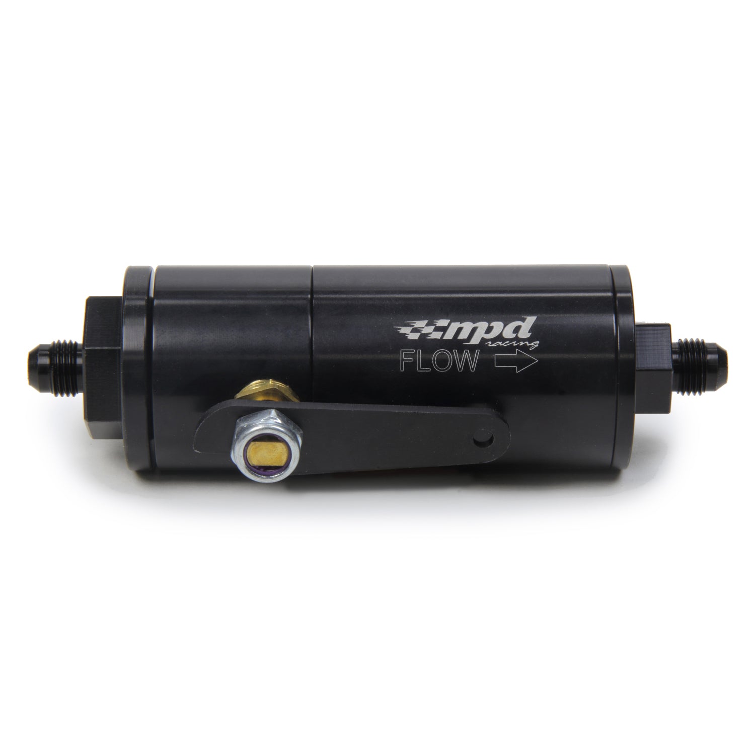 MPD Fuel Filter - 30 Micron - Stainless Element - 6 AN Male Inlet - 6 AN Male Outlet - Shut Off Valve - Aluminum - Black