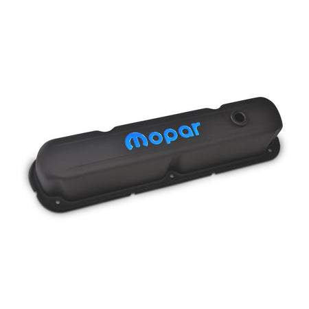 Proform Tall Valve Cover - Baffled - Breather Hole - Mopar Logo - Steel - Black Crinkle - Small Block Mopar - (Pair)