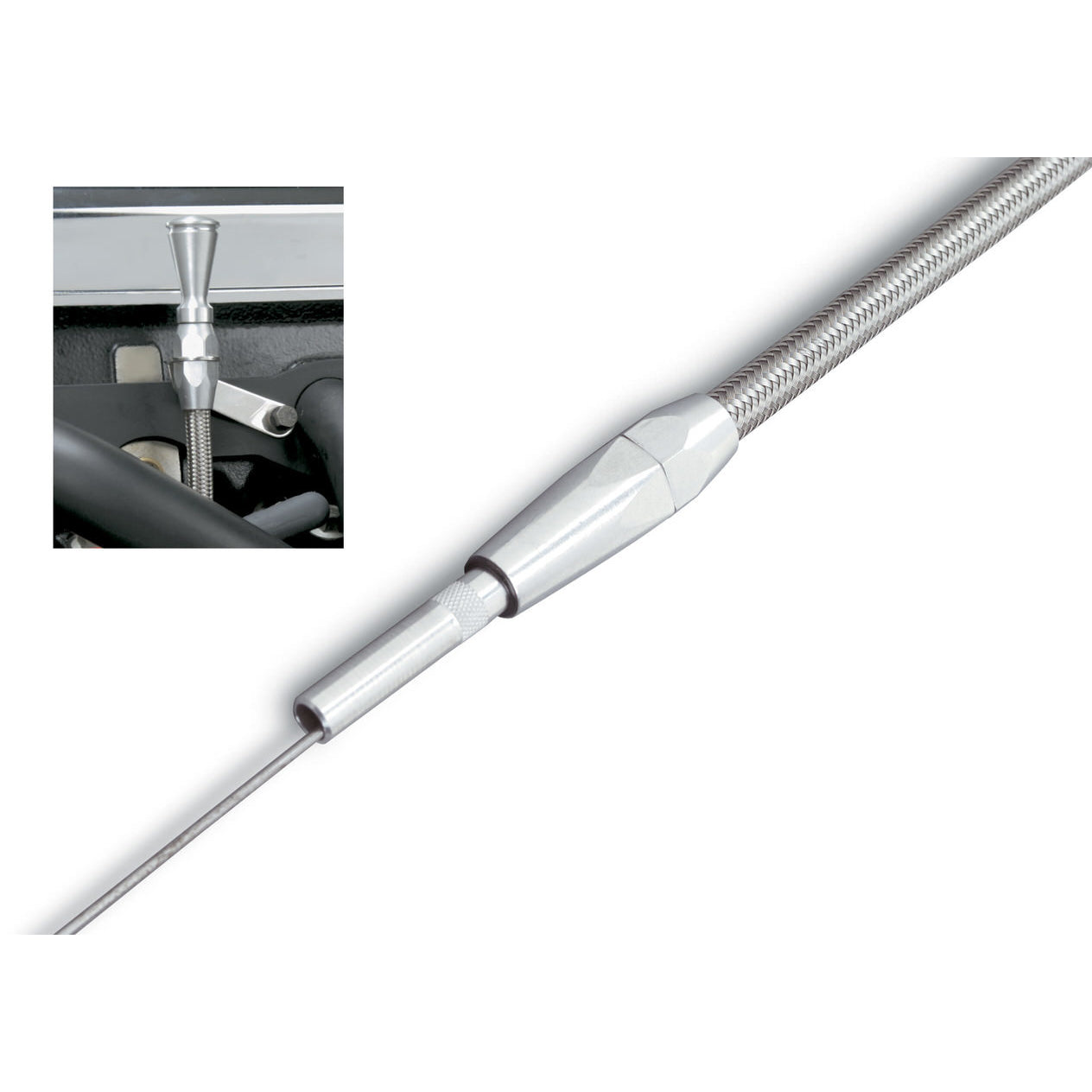 Lokar Engine Oil Dipstick - Block Mount - Braided Stainless Housing - Aluminum - Clear Anodize - Small Block Ford