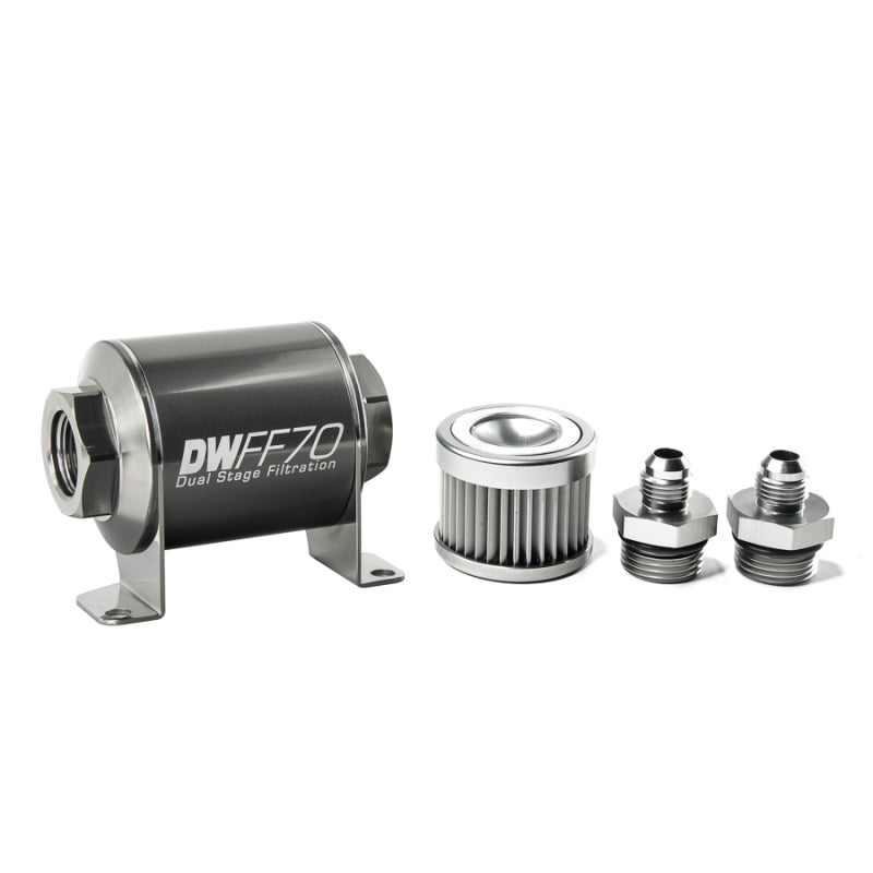 DeatschWerks Fuel Filter - 10 Micron - Stainless Element - 6 AN Male Inlet - 6 AN Male Outlet - 70 mm Long - Aluminum - Titanium
