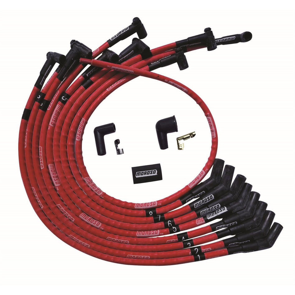Moroso Ultra Spiral Core 8 mm Spark Plug Wire Set - Sleeved - Red - 135 Degree Plug Boots - HEI Style Terminal - Small Block Ford 52570