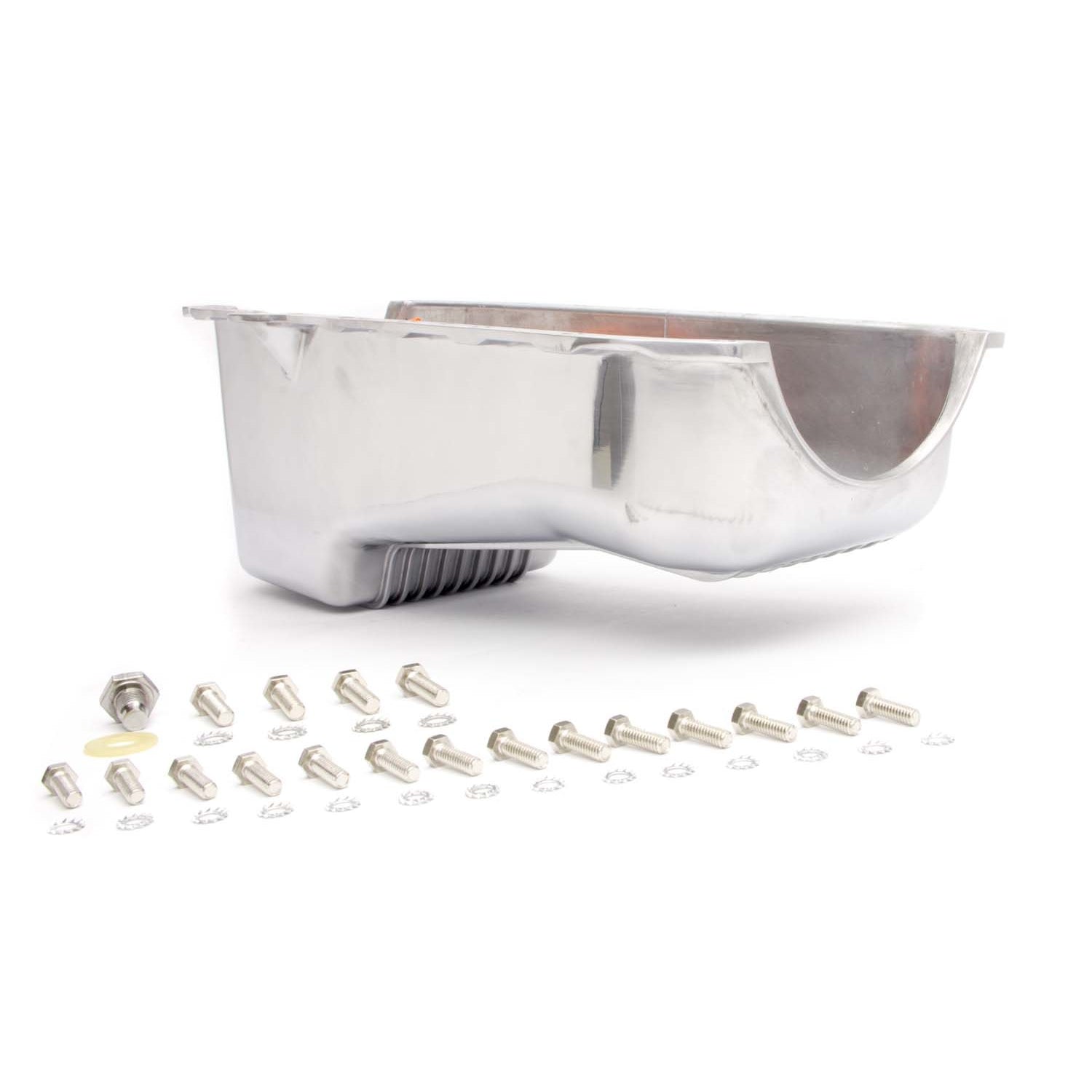 Racing Power Rear Sump Oil Pan - 4 Quart - Stock Depth - Polished Aluminum - 1 Piece Seal - Small Block Chevy