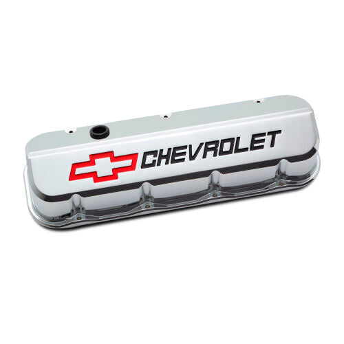 Proform Slant-Edge Tall Valve Cover - Baffled - Breather Hole - Recessed Chevrolet Logo - Chrome - Big Block Chevy (Pair)